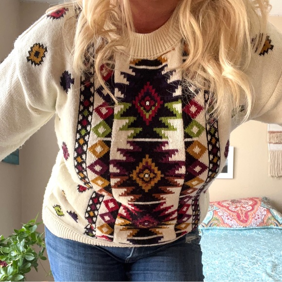 Vintage 80s Beldochpopper Crewneck Cream Aztec oversized grandpa Sweater Size M - Picture 2 of 13
